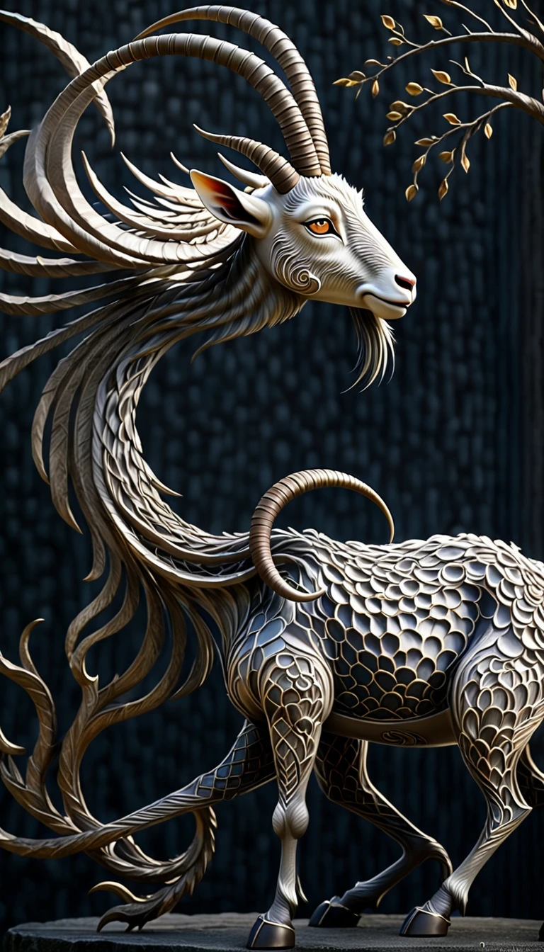 山林里的神秘Fantasy Creatures, (Goat-like appearance,No eyes,There is a big eye on the back, Four ears, Nine long tails) Side View (best quality, 4K, 8K, High-rise, masterpiece: 1.2), Ultrafine, (Practical, photo Practical, photo Practical: 1.37), Detailed Animals, complex pattern, Dramatic Lighting, Fantasy Creatures