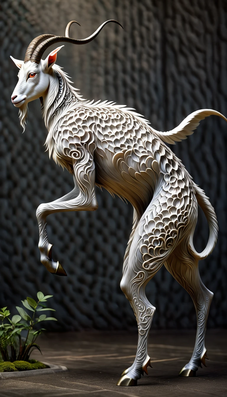 山林里的神秘Fantasy Creatures, （Goat-like appearance,No eyes，There is a big eye on the back, Four ears, Nine long tails） Side View (best quality, 4K, 8K, High-rise, masterpiece: 1.2), Ultrafine, (Practical, photo Practical, photo Practical: 1.37), Detailed Animals, complex pattern, Dramatic Lighting, Fantasy Creatures