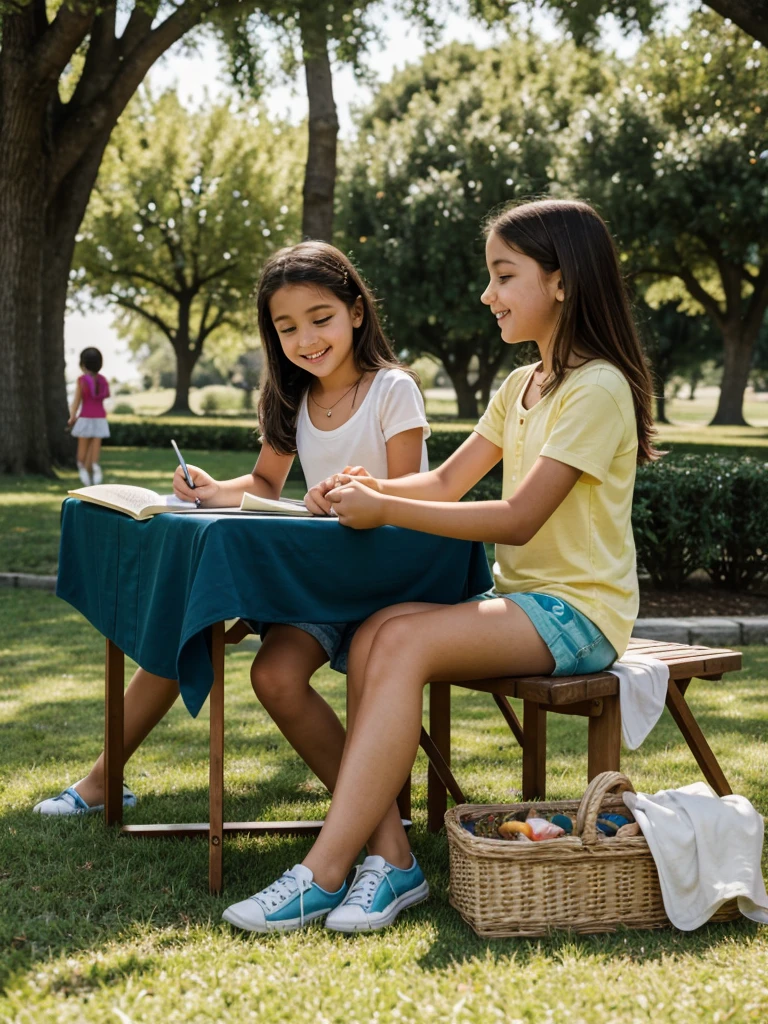 Italy. Italian people. Generate a highly realistic image of two 13-year-old small brests Italian girls and one 9-year-old sister enjoying a relaxing day in an Italian park. They are lounging on a grassy area, dressed in casual summer outfits: mini shorts and light tops. The first 11-year-old girl is reclining on her back, propped up on her elbows, with a relaxed and cheerful expression as she watches the younger sister play. The second 11-year-old is sitting with her legs stretched out, holding a book or sketchpad, with an interested and engaged look.

The 9-year-old sister is kneeling nearby, playing with a small toy or drawing on a portable chalkboard, her expression filled with concentration and joy. The park scene reflects a typical Italian setting with Mediterranean elements like tall cypress trees, vibrant flowerbeds, and classical stone benches. The background can include elements like a distant fountain, historical buildings or statues, and a few people enjoying the park, adding to the lively atmosphere. Ensure the sunlight is warm and natural, casting soft highlights and shadows that bring out the colors of their outfits and the surrounding greenery.

Include details such as a colorful picnic blanket, a water bottle, and perhaps a small picnic basket or a few snacks to enhance the realism. Their features should reflect their Italian heritage, with warm skin tones, expressive eyes, and dark hair. The girls' interactions should reflect a sense of sibling bonding and enjoyment, fitting the serene and culturally rich park setting in Italy.
