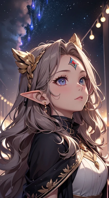 A young girl with long wavy brunette hair, a natural third eye tattoo on her forehead, and short elf ears, looking up at the entire galactic starry sky Magnificent, Twinkling starlight， Boundless， Fantastic sighteteor shower