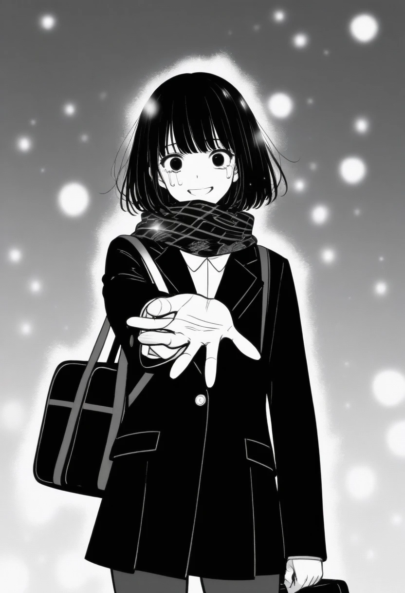 masterpiece, best quality, 1girl, mamerakkkkko, grayscale, manga style, japanese, chi no wadachi, black eyes, street, iced, black hair, schoolbag, smile, lineart, black coat, black scarf, black pleated skirt, leggins, centered, 18 years old, tall, fair skinned, bokeh background, crying, tears, tears streaming, bob cut, light particles, centered, snowing, (((reaching out left hand to viewer, perfect hand, detailed hand:1.1)), emotional anime scene (very aesthetic, best quality, ultra detailed), intricate details
