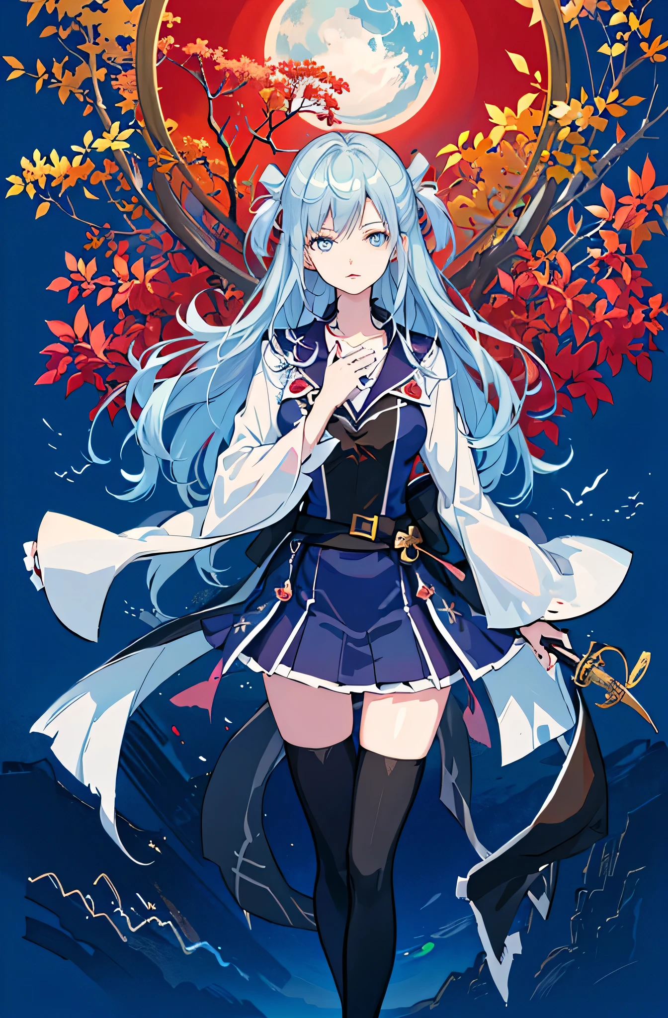 1girl, solo, outdoors, long hair, holy place, Original,(Illustration:1.1),(Best Quality),(masutepiece:1.1),(the Extremely Detailed CG Unity 8K Wallpapers:1.1), (Colorful:0.9),(mid-shot:0.95),(extremely detailed beautiful face),(Solo:1.2), (girl),(((Lori))), (Detailed beautiful eyes:1.15), (Beautiful face:1.15), (Glowing blue eyes:1.25////),(((sky blue Long Hair))),(two side up),(+perfect hand+:1.21),(Draw illustration of Japan priestess costume),(slender),(White pleated skirt),(Gothic),((black thighhighs)),(frilld),(Beautiful Slender Lolita Girl),hallowween,standing, girl,, girl,foggy place,vampire,sky blue hair,full body,whole body,