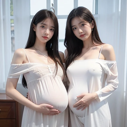 2 women,Mom and mother-in-law,35 years old,人妻 A pregnant woman,pregnant,pregnant,pregnant with twins,10 months pregnant,Pretty Face,Sexy body,Long hair,Wearing a white transparent off-shoulder dress,Sexy pajamas