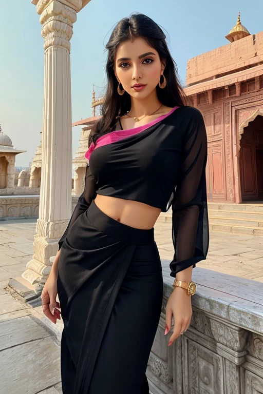 Russian girl eyes colour sky blue and lips pink and clothes saree Black colour blouse colour Black figer size  28 hips 36 height 5.6  earrings jhumkis background ayodhya ram mandir temple 