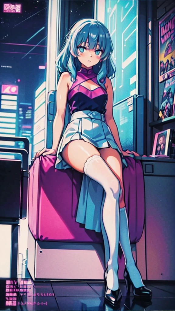 (masterpiece), Highest quality, Expressive eyes, Neon pastel aesthetics, Retro 90s, Neon color,((Girl sitting on sofa,In a cozy room,Records hanging on her wall, Comic books on the floor, Looking out the window behind her at the night city, Upholstered room, Anime figures lined up on a shelf)), Wearing headphones, (All around her it sparkles), (Wearing high socks and heels), (blue eyes), (Soft look), (Synthwave Art Style), Colorful Hair, Desk with PC set up