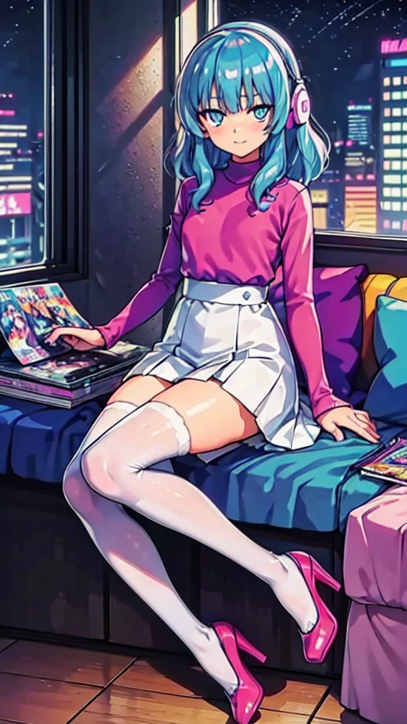 (masterpiece), Highest quality, Expressive eyes, Neon pastel aesthetics, Retro 90s, Neon color,((Girl sitting on sofa,In a cozy room,Records hanging on her wall, Comic books on the floor, Looking out the window behind her at the night city, Upholstered room, Anime figures lined up on a shelf)), Wearing headphones, (All around her it sparkles), (Wearing high socks and heels), (blue eyes), (Soft look), (Synthwave Art Style), Colorful Hair, Desk with PC set up