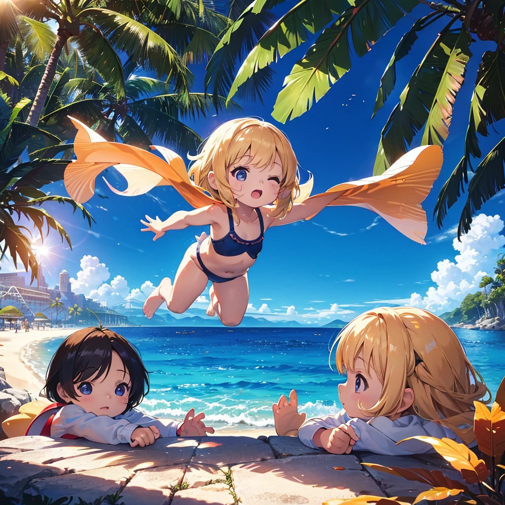 Super high quality, 64k, Super fine detail illustration, Beach (tropical, palm tree, tropical animals, very sunny), 3 Girls (8.8), 1.5), Cute  swimsuit, (short arms: 1.5), round face, ( girl: 1.8), bare feet, (child:, (baby face: un, breast (flat, blonde, very long hair, head tied up, surface effect, color effect), profile, (3) young girls, one eye closed, mouth wide open, side view,)),

Translated with DeepL.com (free version)