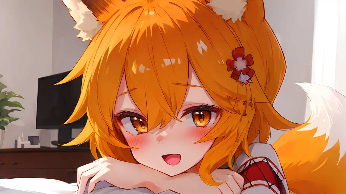 (Best Quality, masutepiece:1.2), 1girl in, cute-style, Adorable, extremely detailed eye, extra detailed face, very detail hair, About Hipder, 8K, resolution, sen, animal ears, fox ears, fox girl, fox tail, hair flower, hair ornament, orange eyes, orange hair, short hair, tail, blush, :d, bed room,