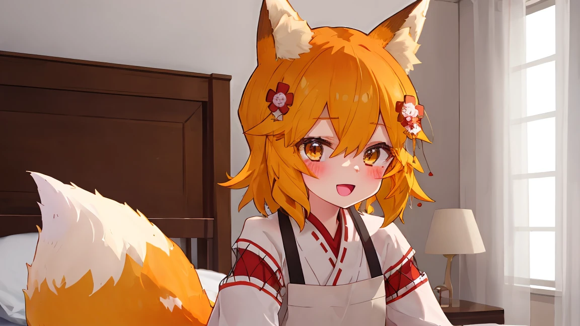 (Best Quality, masutepiece:1.2), 1girl in, cute-style, Adorable, extremely detailed eye, extra detailed face, very detail hair, About Hipder, 8K, resolution, sen, animal ears, fox ears, fox girl, fox tail, hair flower, hair ornament, orange eyes, orange hair, short hair, tail, blush, :d, bed room,
