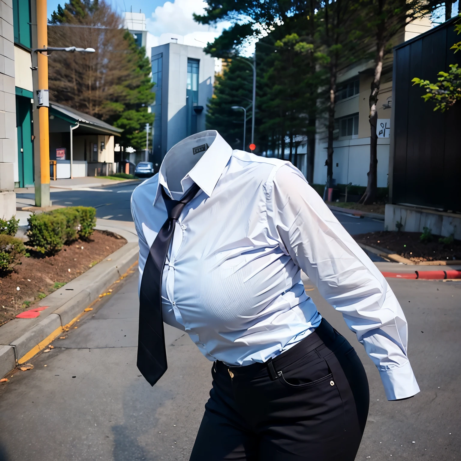 leaning forward, from back, school blouse, black pants, stripe tie, fat, cute big breasts, (invisible, no human, headless, handless:1.5)