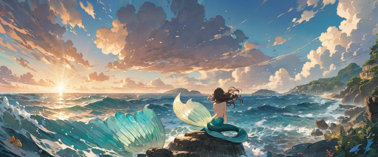 ghibli, far back view, mermaid, sea, ultra detailed, official art, masterpiece, illustration