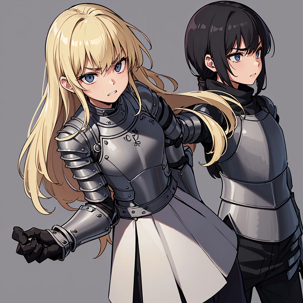 (((Solo)))、Highest quality, Best Quality、(((Gray simple armor、Black trousers))、(woman、18-year-old)、(Blonde、Long Hair)、(Cowboy Shot)、(Simple Background)、(get annoyed、Clench your teeth)