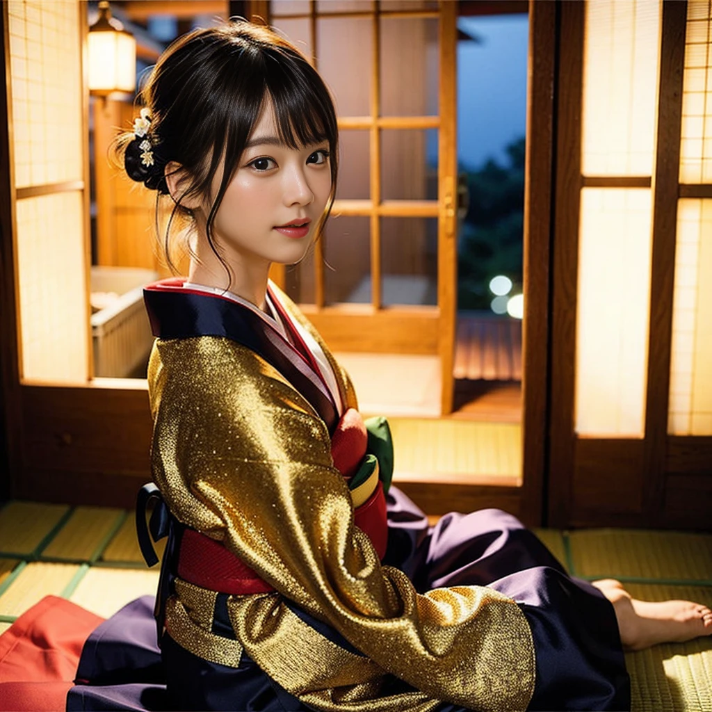 (nsfw) , Photorealistic Masterpiece, 4K Ultra-HD, Realistic Depiction, Lonely Japanese Woman, Traditional Kimono, Natural Visage, Warm Smile, Enchanting Gaze, Japanese-Style Bun Hairstyle, Authentic Japanese Room at Twilight, Sitting by the Window, bathed in City Lights, Sensual Pose, Professional Photography, Shallow Depth of Field, Backlit, Rim Lighting, Soft Focus, Golden Hour Lighting, Minimalist Background, Subdued Colors, Traditional Japanese Fan.