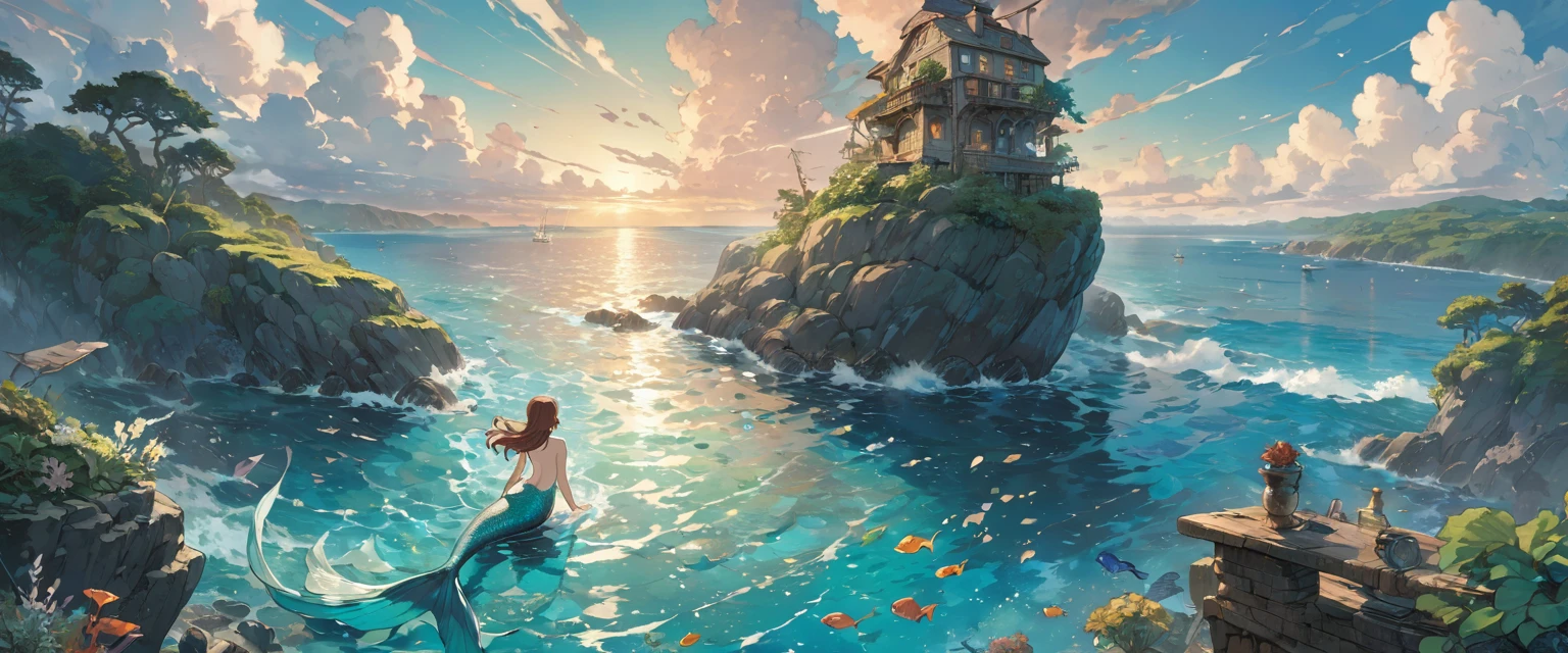 ghibli, far back view, mermaid, sea, ultra detailed, official art, masterpiece, illustration