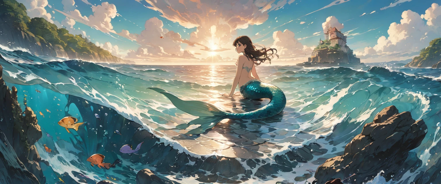 A short brown haired mermaid who is posing while looking at the sea with her golden colored mermaid tail like crystals in the ocean while looking at a green haired boy who is on the beach on a bridge looking at her anime style.