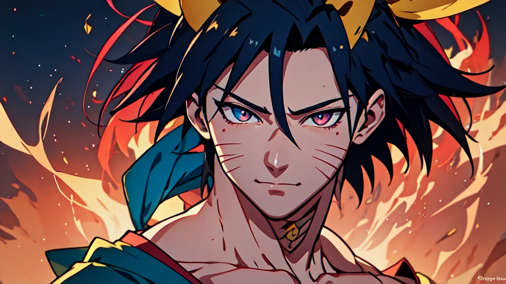 "Cheerful Madara 20 years old is a real masterpiece with masculine beauty, perfect anatomy. Olpntng style, colorful rainbow, black samurai outfit, clean design, epic Instagram, artstation, full streaks of colored paint, circles, outlines. When you look at his beautiful eyes, you will clearly see every little detail and perfect line, every detail on the skin is beautiful in 8K quality, people We will be captivated by the confidence radiating from every look. His head has black hair and his face is drawn meticulously in every detail with 8K image quality.''