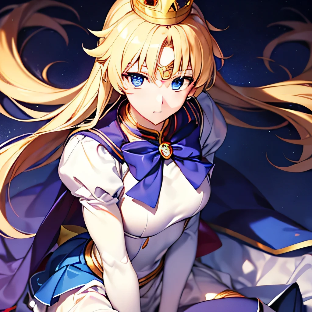 (masterpiece), Highest quality, Expressive eyes, Perfect Face, 1 boy, alone, blonde, blue eyes, seifuku, Sailor Moon Form, Blue Skirt, A golden crown with a red heart in the middle, White top, White long gloves