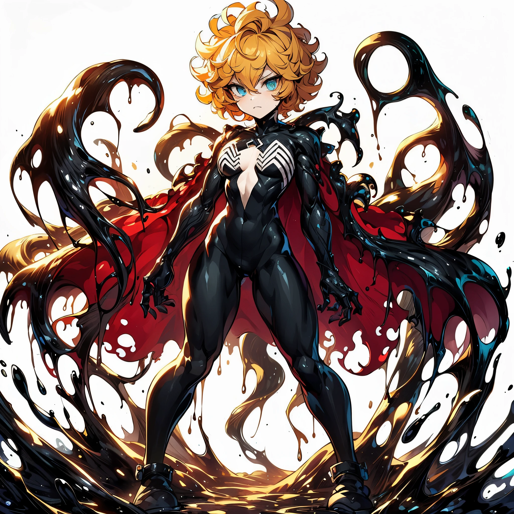 (masterpiece, Best Quality), (detailed hairs), Ultra-detailed, Anime style, Full body, Solo, she-venom lady, gold curly short hair, turquois eyes, black ichor, black wrestler costume, symbiotic suits, fanged maw, folded arms, red cape fluttering in the wind, wearing long boots, ultra-massive, tall, stylish, VERY MASSIVE. Muscular but feminine body shape, White background, standing full length, standing on wasted earth, black liquid metal boiling and seething at Her feet,