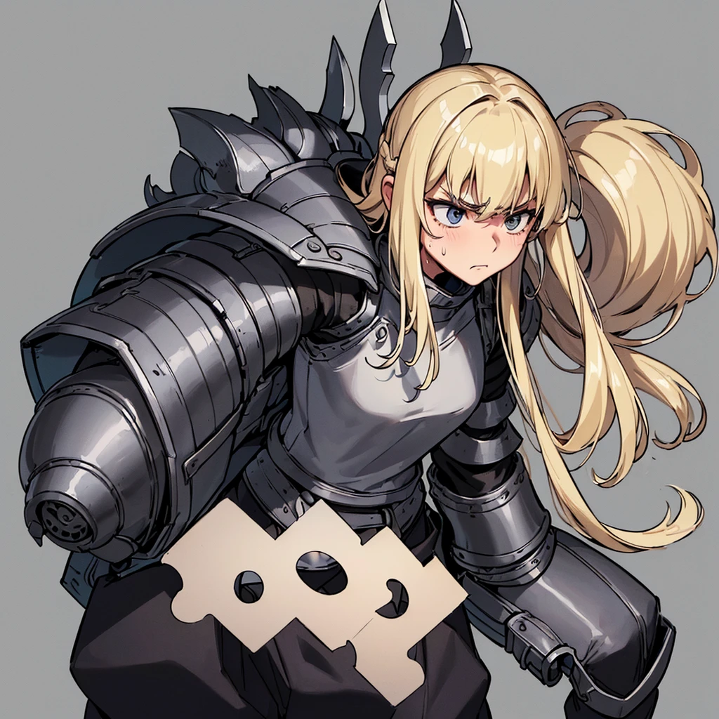 (((Solo)))、Highest quality, Best Quality、(((Gray simple armor、Black trousers))、(woman、18-year-old)、(Blonde、Long Hair)、(Cowboy Shot)、(Simple Background)、(get annoyed)、(anxiety、Puzzled、Sweat)