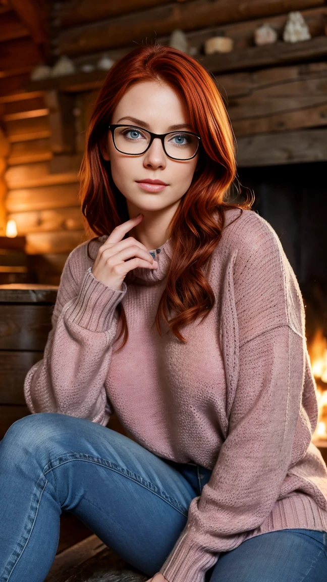 single focus lens, face is realistic, sensual woman, photographed, red hair, ice blue eyes, narrow waist, beautiful breasts, (sweater and jeans:1.2), at a cabin in the woods, with glasses, sitting by the fireplace, looking cozy and content.