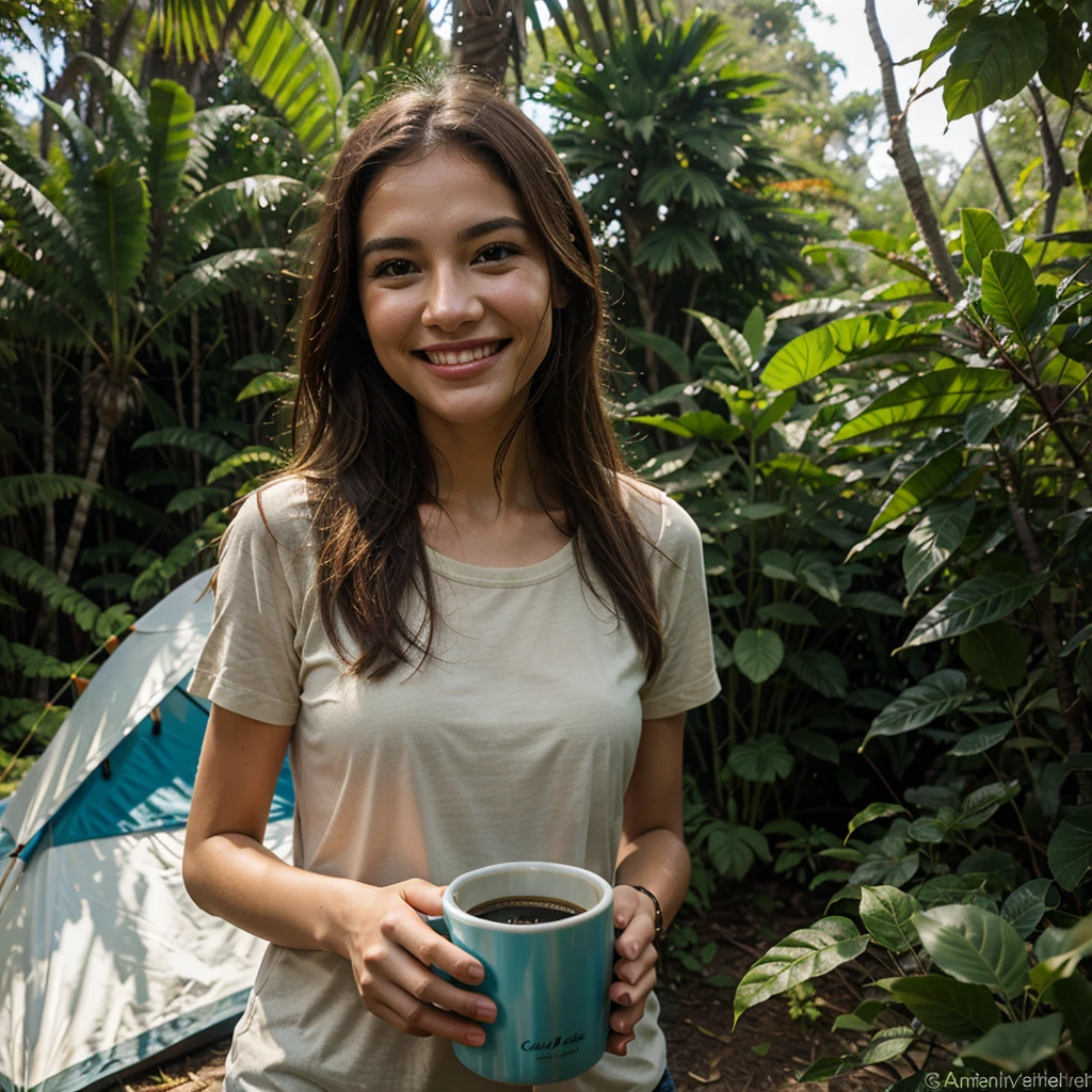 Caming in jungle,nice weather, clear face, clear smile, natural skin, coffee mug ,tents ,stitting with friends, enjoying