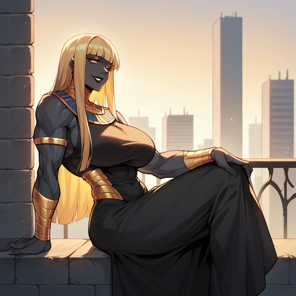  black buff strong woman character, muscle arms, muscle body, buff body, tall woman, black skin, full black skin, strong arms, long fringe hair, blonde hair, blonde fringe hair, fringe hair, scales in body, black lips, egypt hair, milf, yellow lights, morning, city background, scales, mature woman, scale in arms, leaning against a wall, black dress, sit, smile
