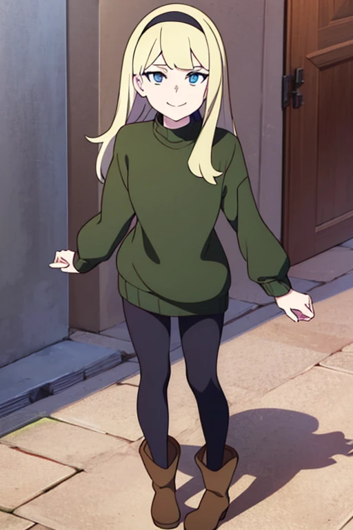 LWA masterpiece, best quality, 1anime coloring, 1girl, solo, (Gwen Stacy:1.1), platinum blonde hair, bright blue eyes, ((Wearing a Black headband, olive green sweater, shiny black leggings and Ugg Boots)), standing, she's looking at the camera with a thrilled smile,