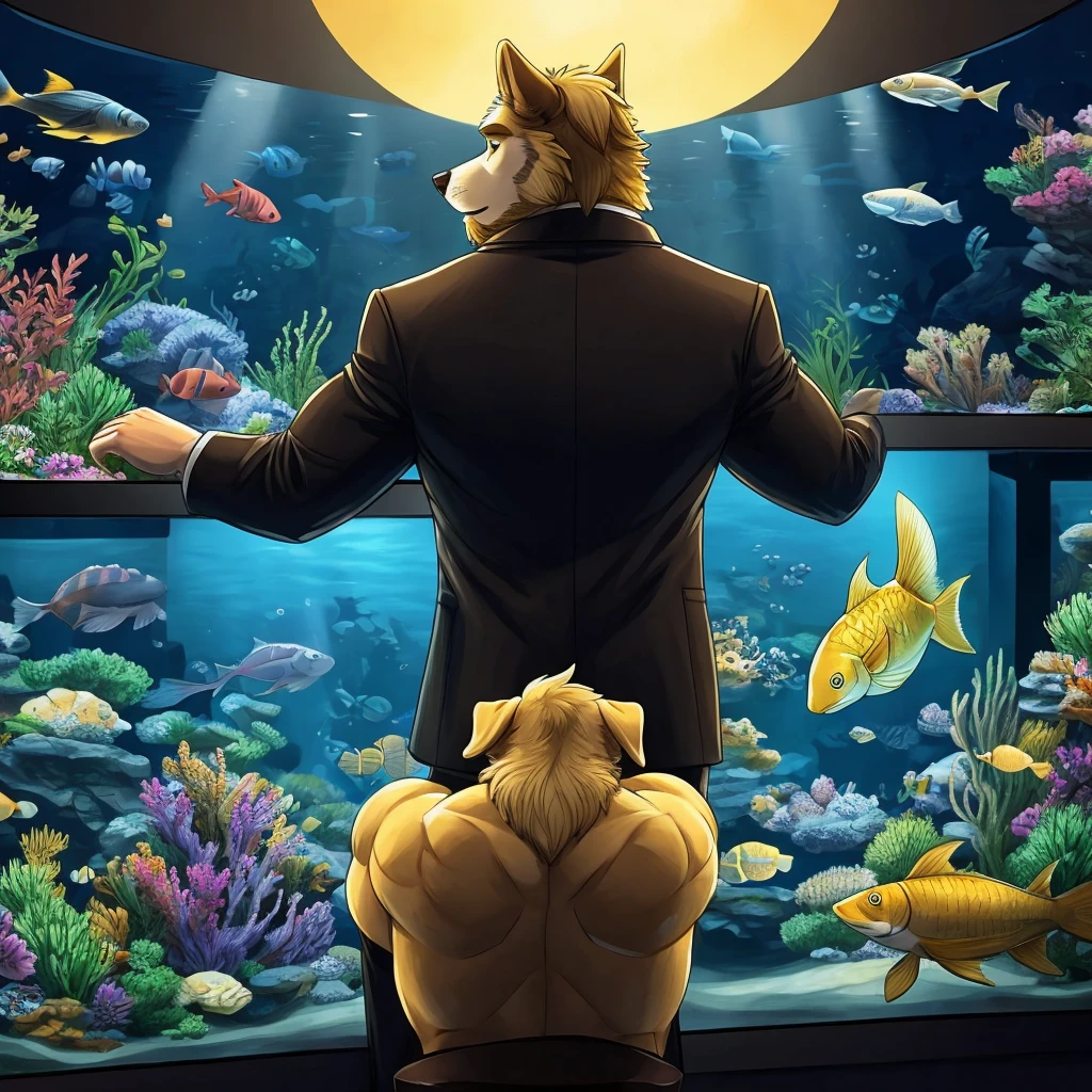 anthropomorphic golden retriever and husky mix, muscular, looking at a aquarium full of big fishes, no shading, simple, brown beard and moustache, blond fur, back view, night, black coat with yellow details, simple coloring, no shadows