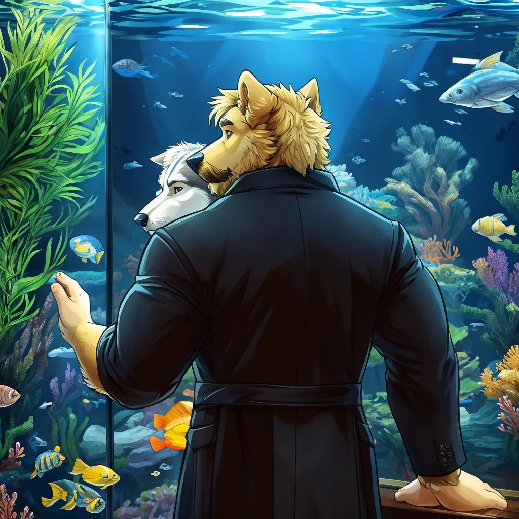 anthropomorphic golden retriever and husky mix, muscular, looking at a aquarium full of big fishes, no shading, simple, brown beard and moustache, blond fur, back view, night, black coat with yellow details, simple coloring, no shadows