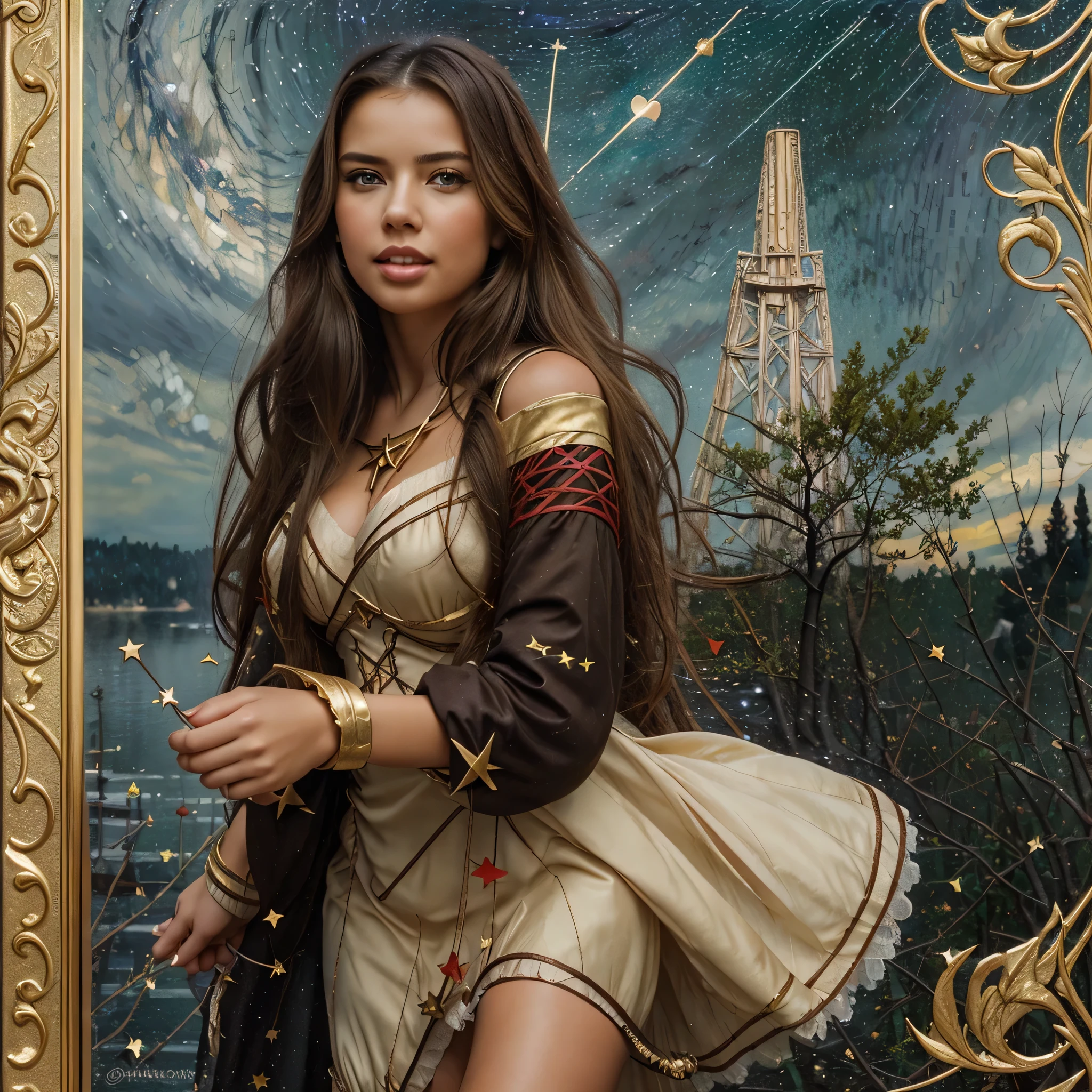 Adriana Lima, thick brown hair, hot , Ukrainian girl, wavy brown hair, Dasha Taran, pretty beautiful brunette, (solo one girl : 2.0), ((perfect anatomy)), ((Masterpiece:1.2, The best quality)), 1woman, only, (witch has), blond hair, long hair, dress, Aurora, evening, Star (sky), gloves, sky, White dress, evening sky, Open mouth, starrysky, gold eyes, Love, Very long hair, Red dress, They are smiling, Hair Love, cable, blond hair, (bird), magical, casting spell, dark clouds, evening, (Impressionism:1.4), (tarot:1.3), alphonse much