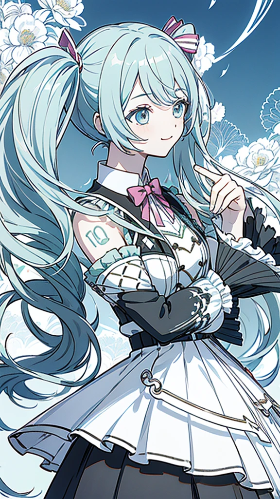 hatsune miku, cartoon、Black and White、2 coloronochrome、Manga illustration、 Line art、Super High Resolution Super Quality、anime、Zoom in Enlarge  、smile、Fantasy、Magic Thunder、Magic Taoist、High quality texture of black clothes, hazy and fantastic light, realistic texture, frills, lace material, luxurious adventurer clothes, shining jewels, silver decoration, platinum, leather gloves, long skirt, Beautiful Girl has a Nice Body, highlights in eyes, upper body, snap, blue sky, distant mountain range, rock surface and grassland, bob hair, flower shape into eyes, close-up, zoom up