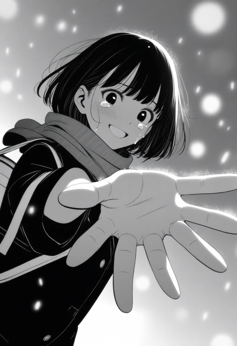 masterpiece, best quality, 1girl, mamerakkkkko, grayscale, manga style, japanese, chi no wadachi, black eyes, street, iced, black hair, schoolbag, smile, lineart, black coat, black scarf, black pleated skirt, leggins, centered, 18 years old, tall, fair skinned, bokeh background, crying, tears, tears streaming, bob cut, light particles, centered, snowing, (((reaching out left hand to viewer, perfect hand, detailed hand:1.1)), emotional anime scene (very aesthetic, best quality, ultra detailed), intricate details
