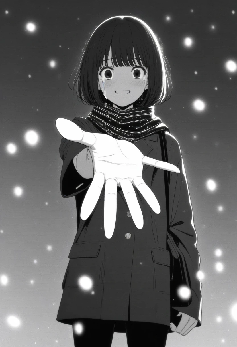 masterpiece, best quality, 1girl, mamerakkkkko, grayscale, manga style, japanese, chi no wadachi, black eyes, street, iced, black hair, schoolbag, smile, lineart, black coat, black scarf, black pleated skirt, leggins, centered, 18 years old, tall, fair skinned, bokeh background, crying, tears, tears streaming, bob cut, light particles, centered, snowing, (((reaching out left hand to viewer, perfect hand, detailed hand:1.1)), emotional anime scene (very aesthetic, best quality, ultra detailed), intricate details