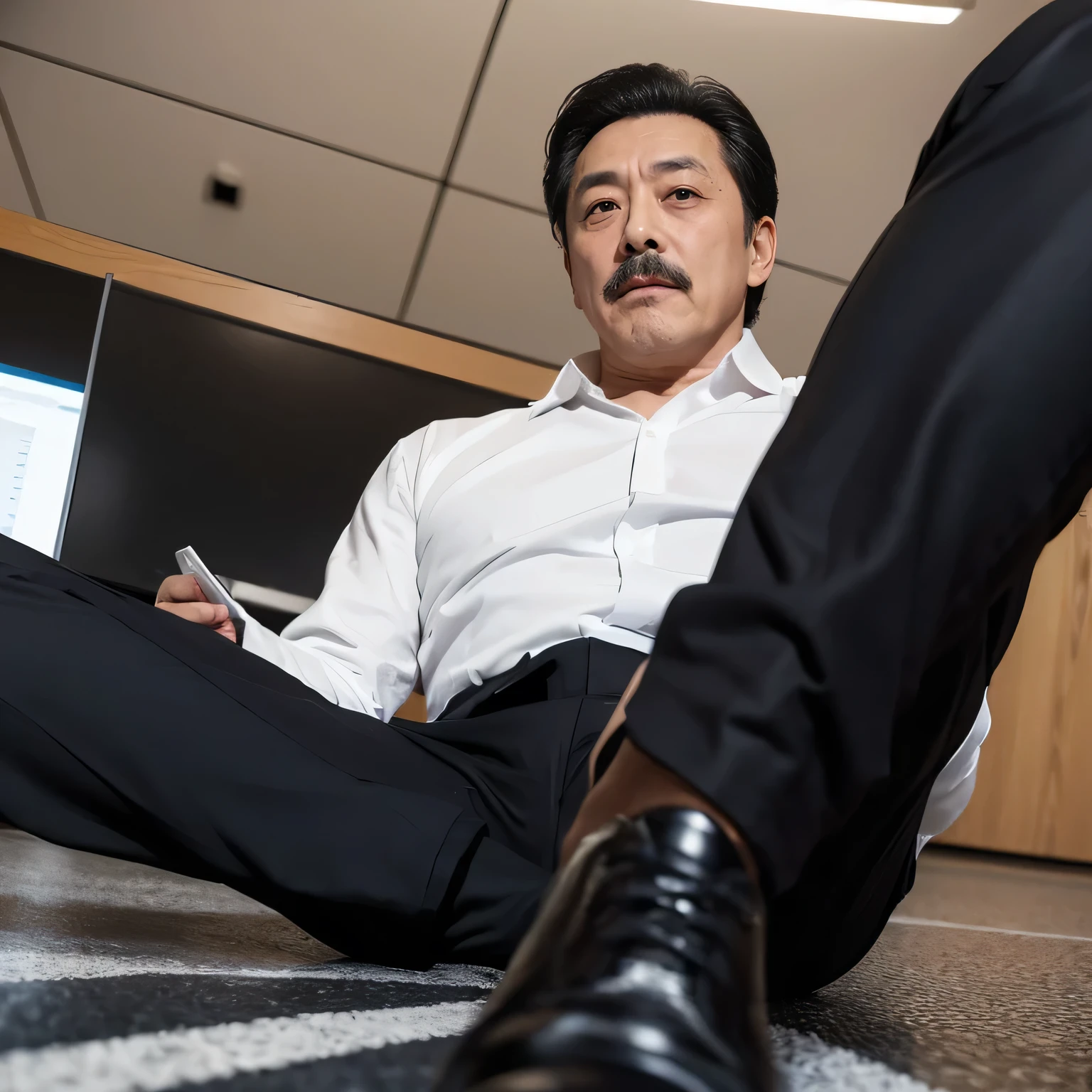 age 55，Kogoro Mouri，uncles，Gay，Tong，Bulge，fortitude，Sitting in the office，Black short stockings，Slip shoes，(There is a milky white liquid on the leather shoes )lbeard，fortitude，Bukkake，k hd，artwork of a，wear suit，The crotch has columnar protrusions，Top view ， on the back