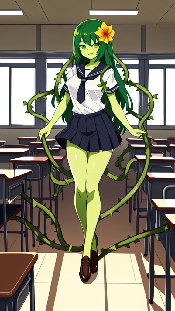 1girl,20s,adult,madure female,, alraune, white shirt,short sleeves,black standard tie,black school skirt,green hair,long hairmflower, vines on body, full body, classroom,(greenskin)