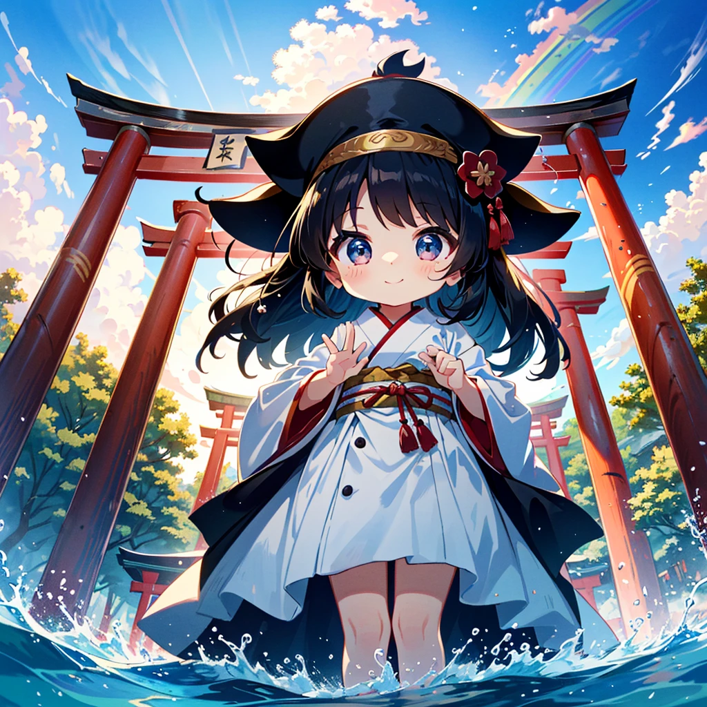 Inside the shrine (under the large red torii gate) 4 4--old ls (shrine maiden uniform (white uniform with pattern), berry long hair, round outline, (chibi: 1.2), (Baby face: 1.2), (Short hand: 1.2), small breasts, big eyes, short limbs, , small), (baby face: 1.2), refreshing smile)}, All the girls are looking up at the sky under the torii gate, there is a beautiful rainbow in the sky, after the rain Beautiful water droplets are dripping from the roof of the temple (the girls are in close contact with each other, a full body shot), an angle (point of view) that includes all the girls,Cute mini pigs