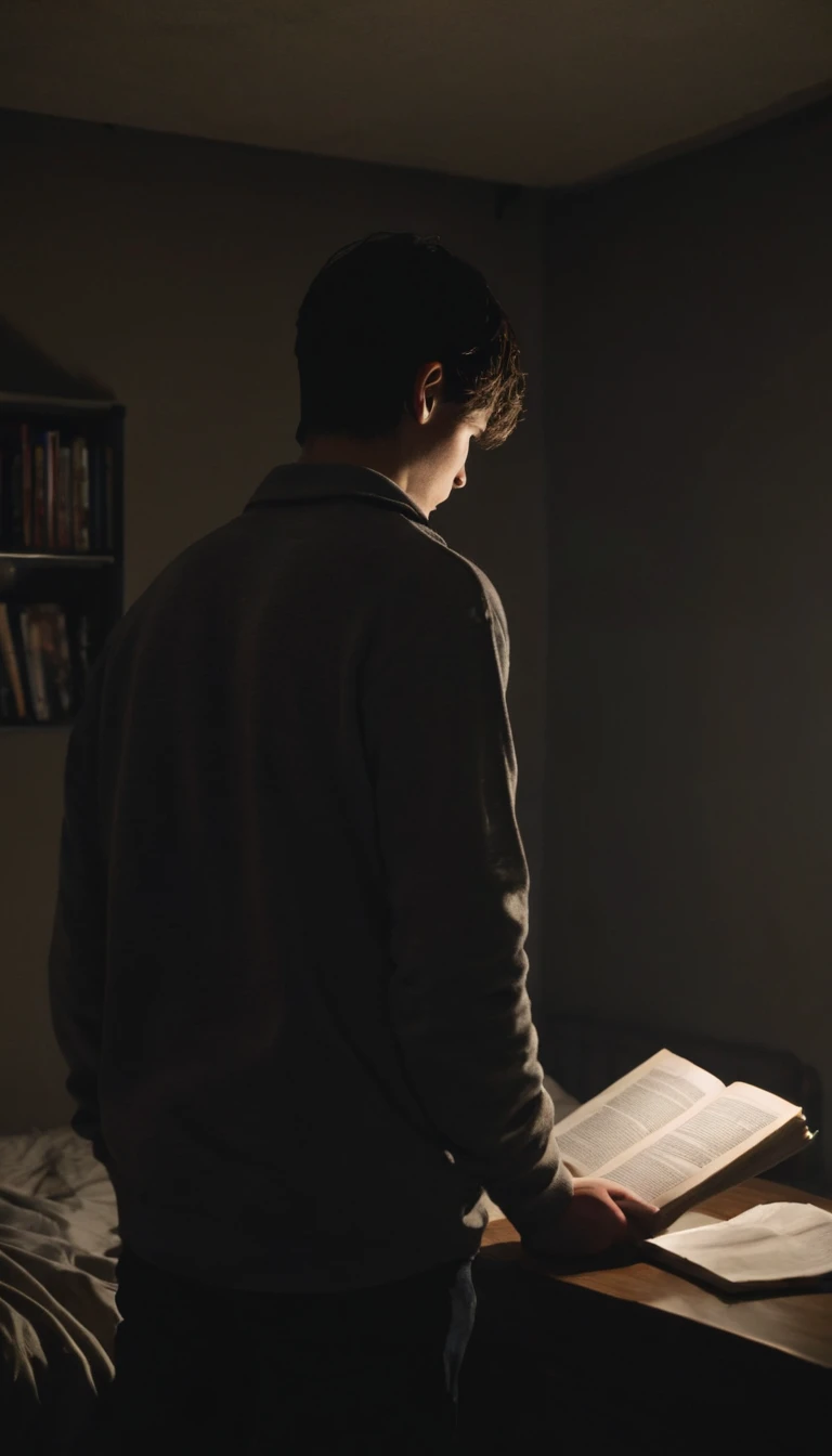 23 years old, male, Image from behind the character while reading in a dark room