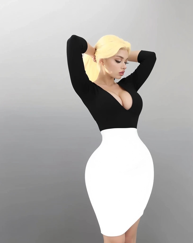 ((Beautiful Blonde girl, clara wilsey, loren gray, sophie mudd, Peyton List, 18 years))round breasts, slim waist, beautiful soft thighs, beautiful legs,Wearing tight white bodycon skirt, and black cotton-Lycra-fabric semi-long sleeve cleavage top, Vibrant, vivid, HDR, 8k, ((detailed: 1.4)), ((hyper realistic)), Extremely Realistic, Realism, Portrait, Raw photo, Photography, Photorealism, Photoshoot,