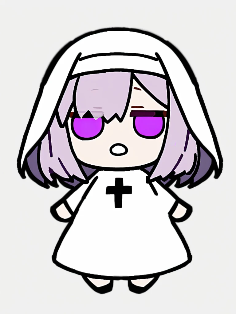 {{{kame (kamepan44231), no humans, chibi, jitome, fumo (doll)}}}, full body, 1 woman, solo, mature female, nun, all white wirh black cross, violet hair, violet eyes, surprised expression, ahort hair, teeth, half-closed eyes, white background, simple background.