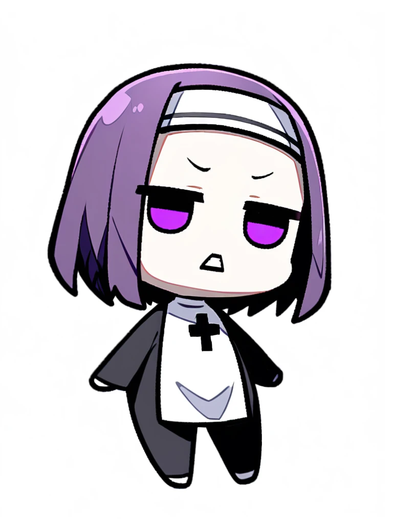{{{kame (kamepan44231), no humans, chibi, jitome, fumo (doll)}}}, full body, 1 woman, solo, mature female, nun, all white wirh black cross, violet hair, violet eyes, surprised expression, ahort hair, teeth, half-closed eyes, white background, simple background.
