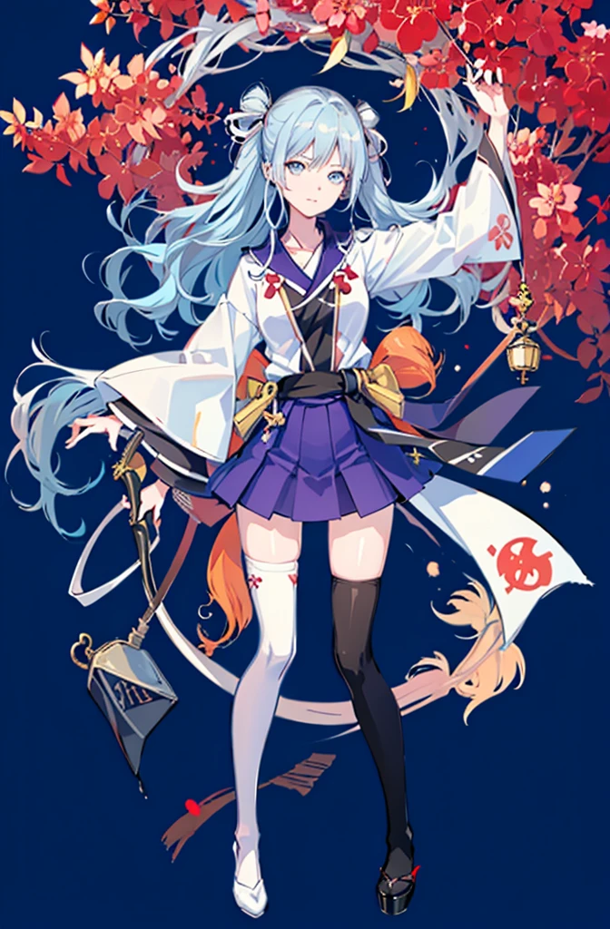 1girl, solo, outdoors, long hair, holy place, Original,(Illustration:1.1),(Best Quality),(masutepiece:1.1),(the Extremely Detailed CG Unity 8K Wallpapers:1.1), (Colorful:0.9),(mid-shot:0.95),(extremely detailed beautiful face),(Solo:1.2), (girl),(((Lori))), (Detailed beautiful eyes:1.15), (Beautiful face:1.15), (Glowing blue eyes:1.25////),(((sky blue Long Hair))),(two side up),(+perfect hand+:1.21),(Draw illustration of Japan priestess costume),(slender),(White pleated skirt),(Gothic),((black thighhighs)),(frilld),(Beautiful Slender Lolita Girl),hallowween,standing, girl,, girl,foggy place,vampire,sky blue hair,(((full body,whole body))),(((white japanese priestess costume))),