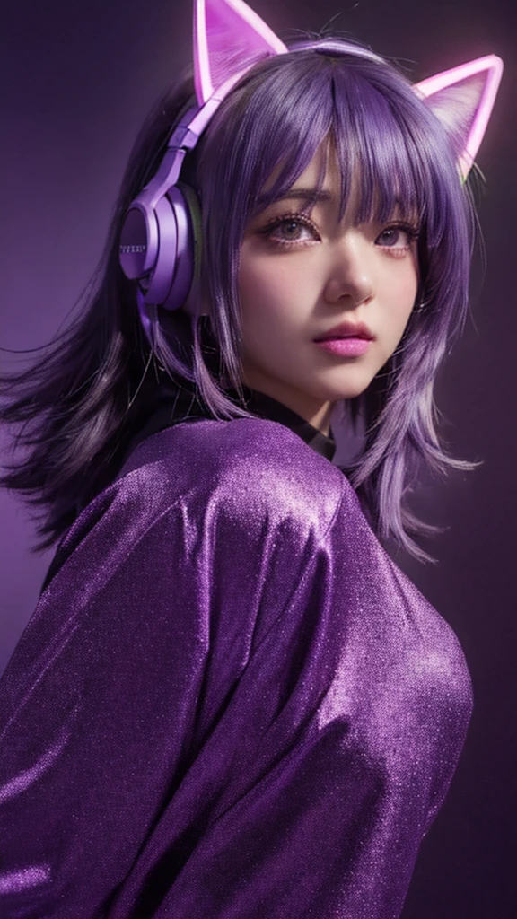 Purple hair and neon ears、Anime girl wearing headphones, Ilya Kuvshinov. 4k yen, Anime Style 4k yen, Anime Style. 8K, 8K Portrait Rendering, digital art Ilya Kuvshinov, Gweiz-style artwork, 8Kアートドイツボケ, Smooth anime CG art, Ilya Kuvshinov style、There's a chameleon on my shoulder