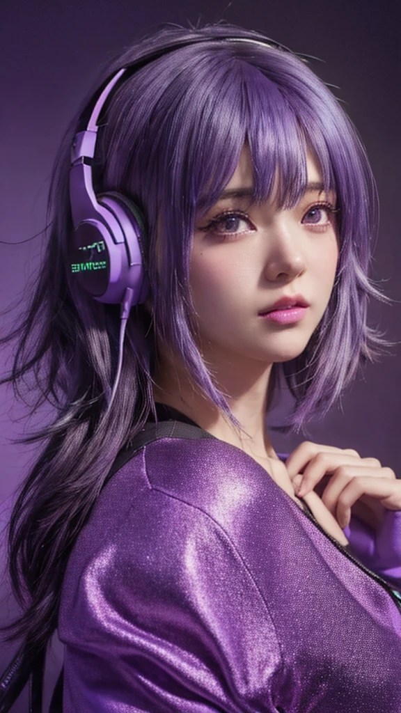 Purple hair and neon ears、Anime girl wearing headphones, Ilya Kuvshinov. 4k yen, Anime Style 4k yen, Anime Style. 8K, 8K Portrait Rendering, digital art Ilya Kuvshinov, Gweiz-style artwork, 8Kアートドイツボケ, Smooth anime CG art, Ilya Kuvshinov style、There&#39;s a chameleon on my shoulder