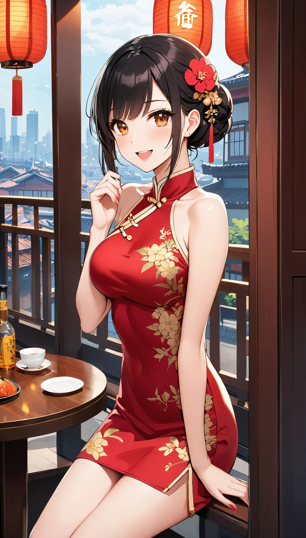 A beautiful woman, city,(standard silk cheongsam), (flower chignon), (gold embroidery thread), (slik), outdoor chinese restaurant, open mouth smile, ((black hair)), little blush, side, (breast), Reflecting the buttocks