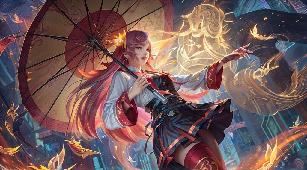 anime girl with umbrella in the city with fire and birds, anime fantasy illustration, anime fantasy artwork, onmyoji detailed art, wlop and sakimichan, cushart krenz key art feminine, alphonse mucha and rossdraws, extremely detailed artgerm, anime in fantasy style, 2. 5 d cgi anime fantasy artwork, onmyoji portrait