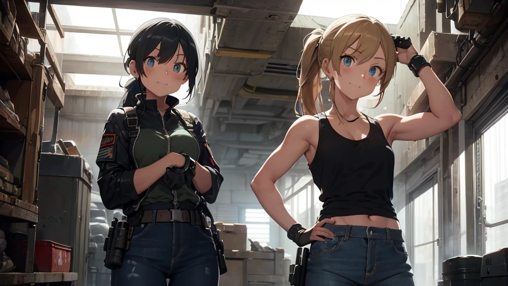 detailed, perfect anatomy, female engineer girl, mechanic girl, dirty tank top, green tank top,uniform, wrench, goggles, working on a mecha, japanese mecha,mecha robot, one girl, solo focus, blue eyes, strawberry blonde hair, ponytail, denim jeans, repairing machines, smiling, concern, caring, looking upward, high angle, cyberpunk, futuristic, military vibes, diesel punk, indoors, welding, holding wrench, looking at viewer, muscle, toned woman, tomboy, in a futuristic military complex, police department, small jet fighter, white walls, ((BEST QUALITY)), high quality, one woman, big eyes
