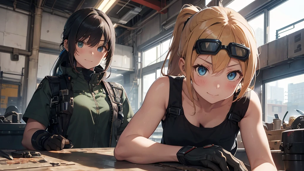detailed, perfect anatomy, female engineer girl, mechanic girl, dirty tank top, green tank top,uniform, wrench, goggles, working on a mecha, japanese mecha,mecha robot, one girl, solo focus, blue eyes, strawberry blonde hair, ponytail, denim jeans, repairing machines, smiling, concern, caring, looking upward, high angle, cyberpunk, futuristic, military vibes, diesel punk, indoors, welding, holding wrench, looking at viewer, muscle, toned woman, tomboy, in a futuristic military complex, police department, small jet fighter, white walls, ((BEST QUALITY)), high quality, one woman, big eyes