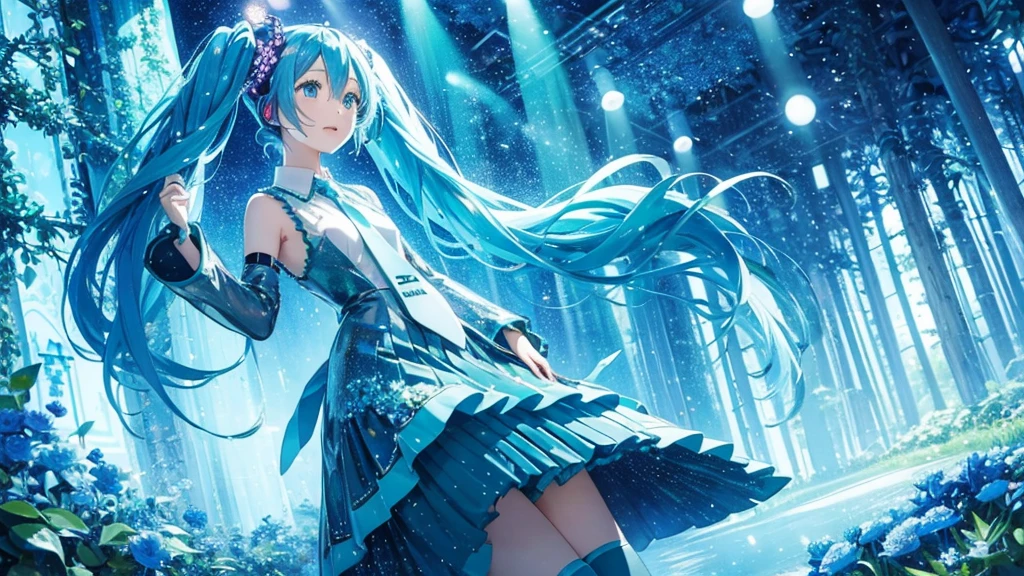 An image of Hatsune Miku singing in a shining blue forest。The background is dotted with glowing mushrooms and shining plants.、Small particles of light are dancing around Miku。Her costume is designed with forest elements.、Leaves and flowers are accented。