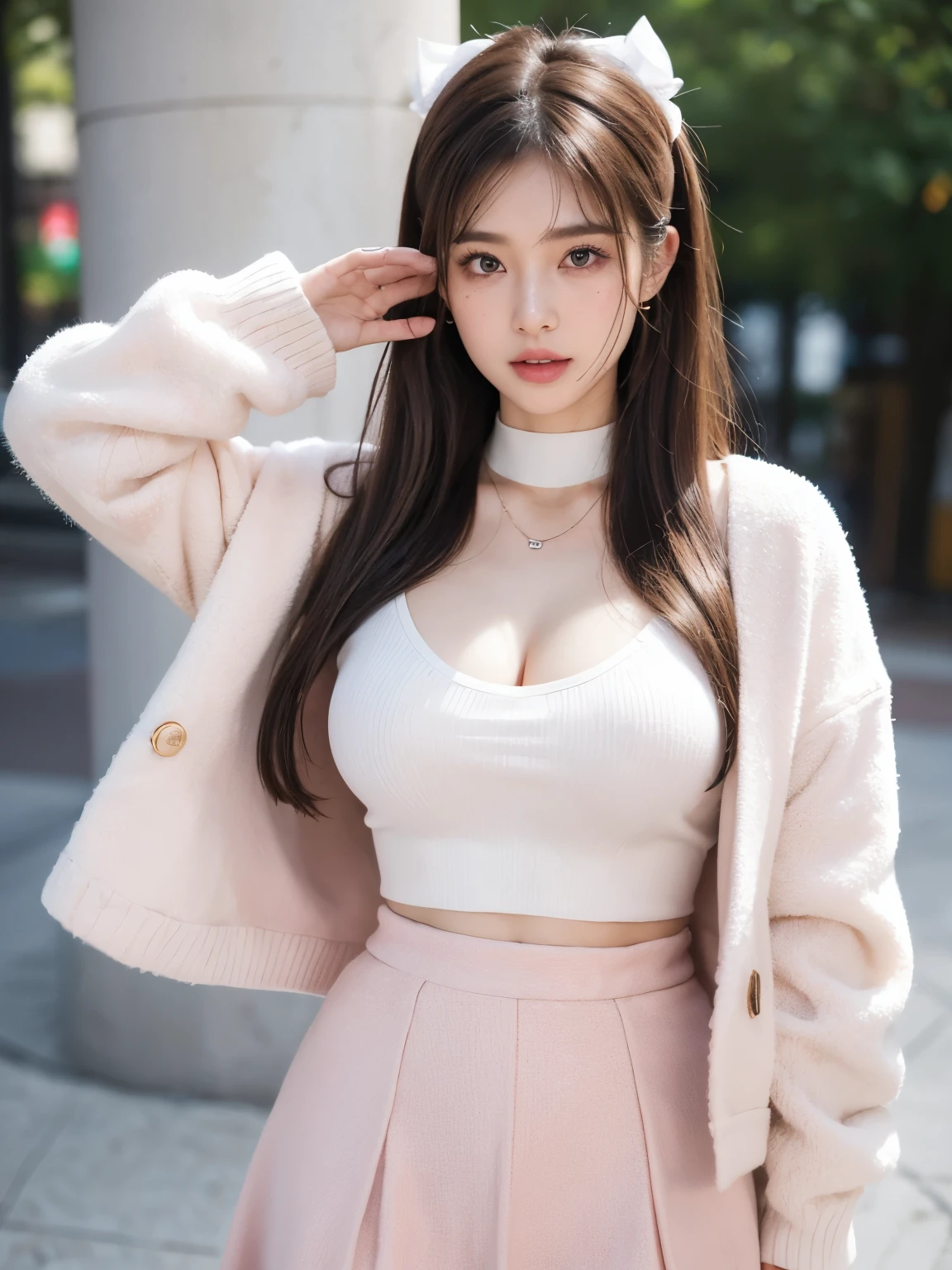 Kim Jennie with white brown hair, with curlers at the ends, with two bows on each side of the hair, all her hair white brown, with a star clip in her white brown hair, light colored eyes, pretty eyes, crying eyes, pretty, upturned nose, watery nose, Pretty lips, pink lips, heart and cupid shaped lip, pretty skin, pale, White skin, with moles and freckles all over his face, soft pink blush on the cheeks, natural pink blush, soft pink makeup, Jennie, nice neck, marked collar, frown, tender look, with a kiss necklace, a pretty kiss necklace, similar to Yumeko Jabami, while wearing a Crochet YK2, woolen, with a YK2 style brown mini skirt, while wearing a jacket with bear prints, while having a bare abdomen, Delgado, marked and pretty, (big breasts, soft breasts, nice breasts), while she is cosplaying the character Yumeko Jabami, The anime Kakegurui, While he is with a nice friend,  looking to the camera