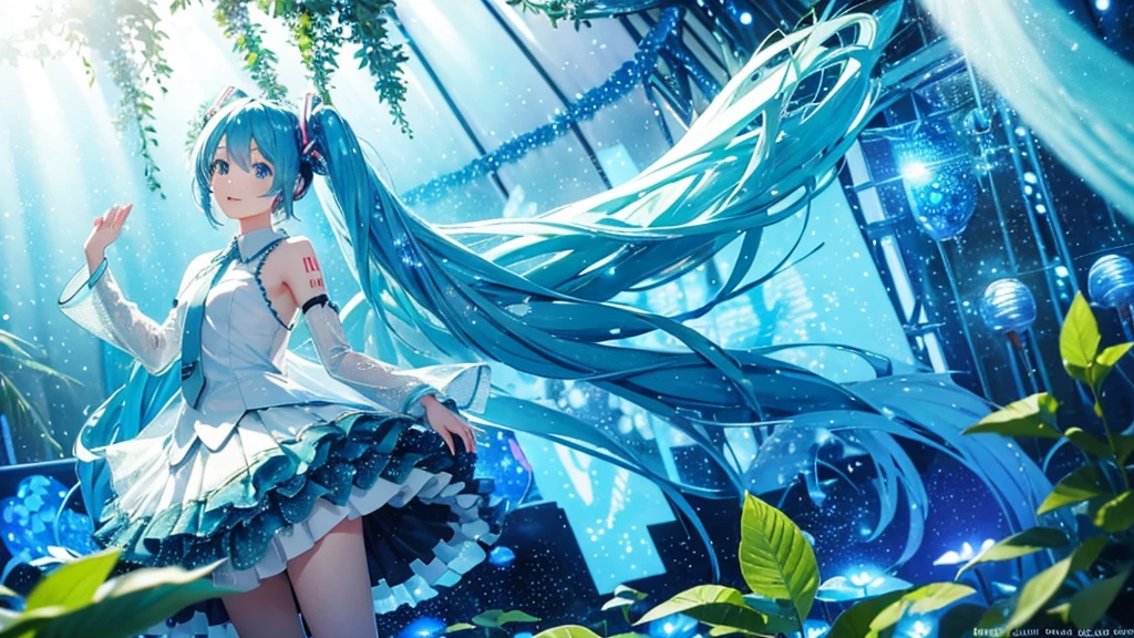 Full body description、Hatsune Miku singing in a shining blue and green forest、The background is dotted with glowing mushrooms and glowing plants.、Soap bubbles are flying around Hatsune Miku、The costumes are designed with forest elements、The ground is accented with leaves and flowers.、The sunlight from the sky shines on her like a spotlight。Wearing a light blue dress、Anatomically correct body、((Large Breasts))、long slender legs、White skin、Hatsune Miku is reaching out to a little fairy flying in front of her、